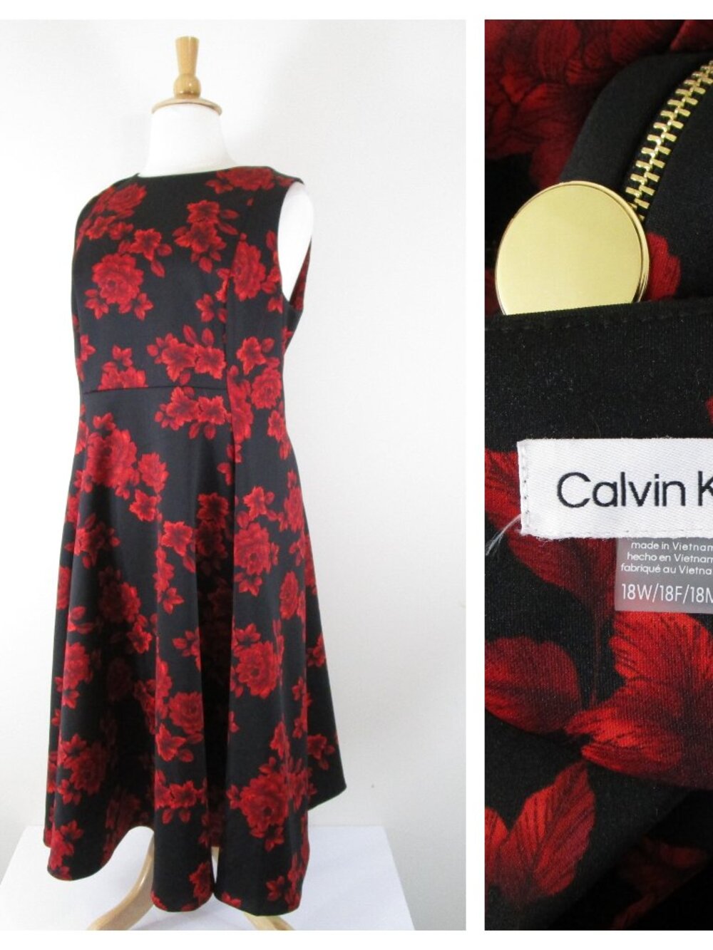 Calvin Klein Plus Size Red Black Floral A-line Midi Dress 18W Formal Business